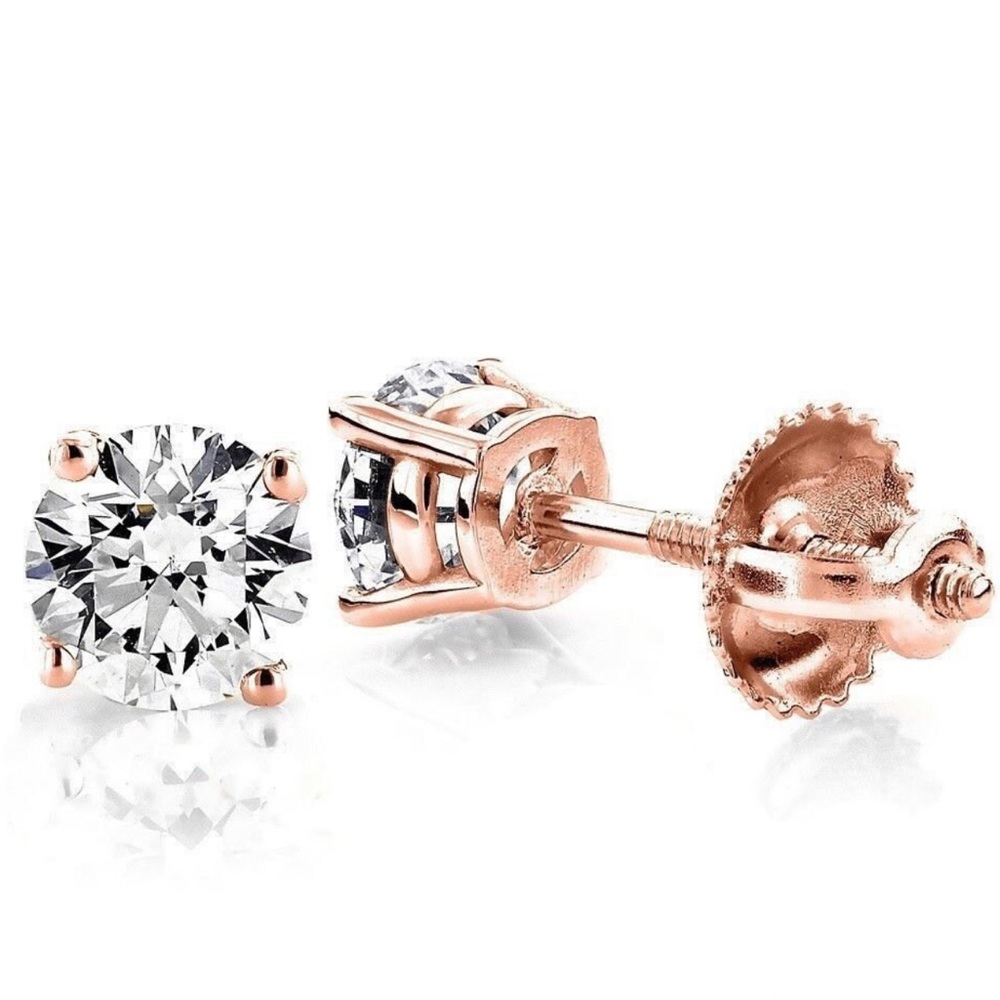 1 CT Round Earrings Studs Solid 14K Rose Gold Brilliant Screw Back Basket.